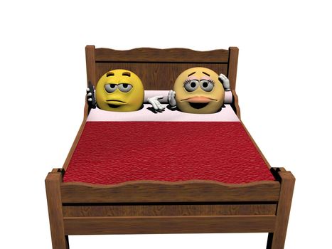 Two emoticon in the bed with a red cover