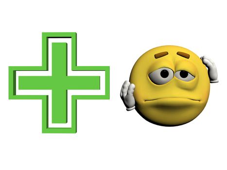 ill emoticon yellow and cross green  - 3d render