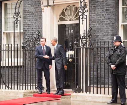 UK, London: President Barack Obama shakes hands with British Prime Minister David Cameron, at 10 Downing Street in London, on his last official visit to the UK, on April 22, 2016.Obama urged the UK to stay in the European Union, amid the Brexit debate. He also addressed the special relationship that the two nations have. 