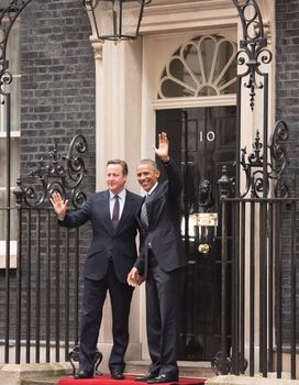 UK, London: President Barack Obama and Prime Minister David Cameron waves to onlookers, outside 10 Downing Street in London, on his last official visit to the UK, on April 22, 2016.Obama urged the UK to stay in the European Union, amid the Brexit debate. He also addressed the special relationship that the two nations have. 