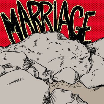 Concept illustration of marriage text over red and yellow over rocks