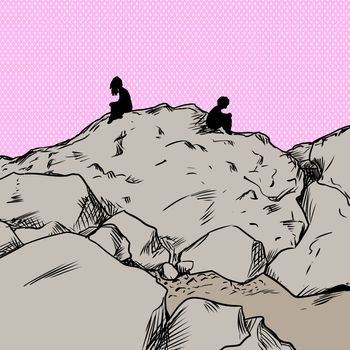 Upset man and woman sitting on rocks not facing each other over pink background