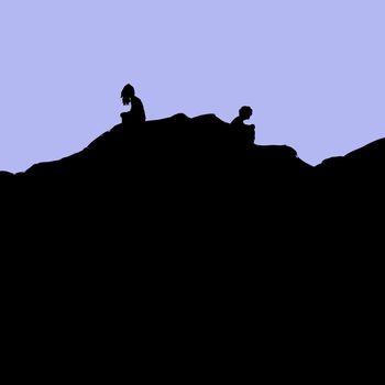 Silhouette of divorcing man and woman sitting on rocks not facing each other