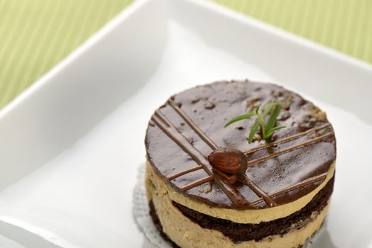 Chocolate cake decorated with hazelnut and rosemary