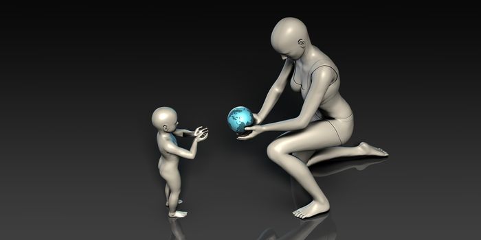Mother and Son Holding Earth Globe Planet Together