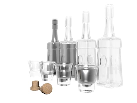 Several bottles of water and glasses