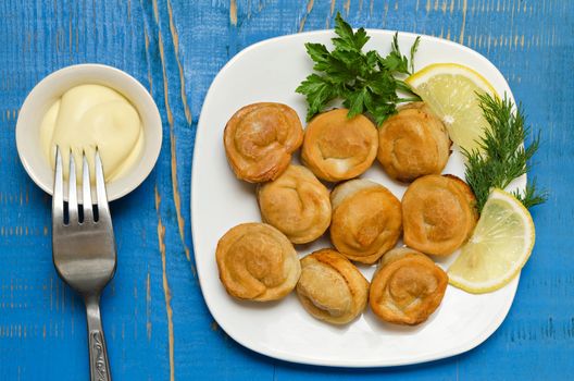 Fried dumplings on a plate with mayonnaise, herbs and lemon. On wooden background, painted in blue color.