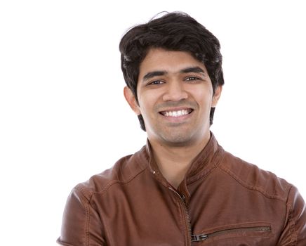 handsome east indian man wearing brown jacket on white isolated background