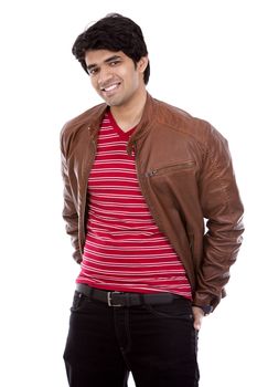 handsome east indian man wearing red shirt on white isolated background