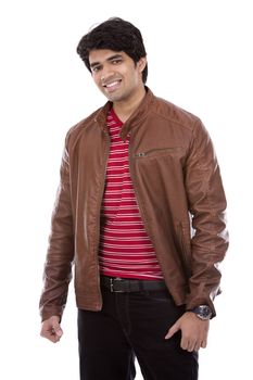 handsome east indian man wearing red shirt on white isolated background