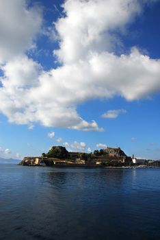 Corfu island over blue sky, sea view