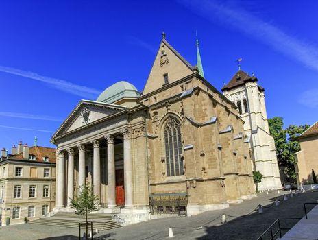 Cathedral Saint-Pierre by night in Geneva, Switzerland