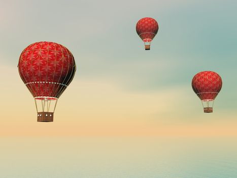 Three vintage red hot air balloons by sunset - 3D render