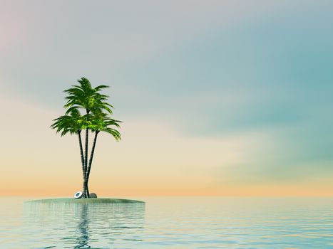 Palm trees and coconuts on an island in the middle of the ocean by sunset - 3D render