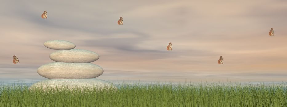 Zen stones, butterflies and peaceful landscape by sunset - 3D render