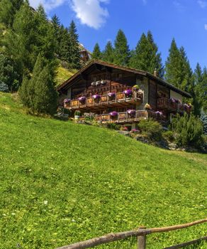 Wooden chalet by day in Zermatt, Valais canton, Switzerland