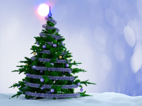 Christmas tree with decorations and snow on decorative background.