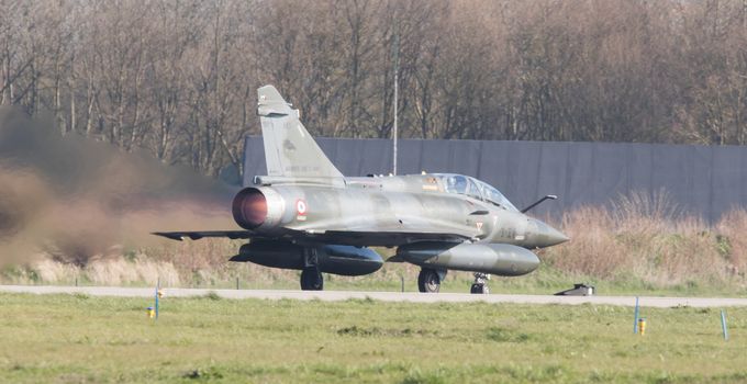 LEEUWARDEN, NETHERLANDS - APRIL 11, 2016: French Air Force Dassault Mirage 2000N during the exercise Frisian Flag. The exercise is considered one of the most important NATO training events this year.