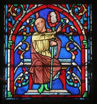 Colorful stained glass window in Cathedral Notre Dame de Paris