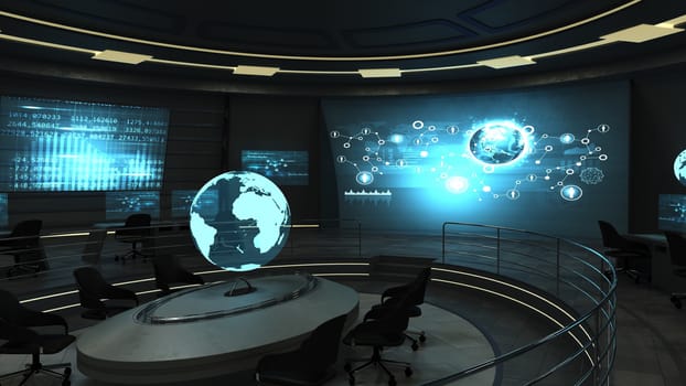 Futuristic interior view of dark office with holographic screens. 3d render
