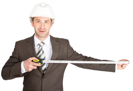 Businessman in helmet holding tape measure isolated on white background