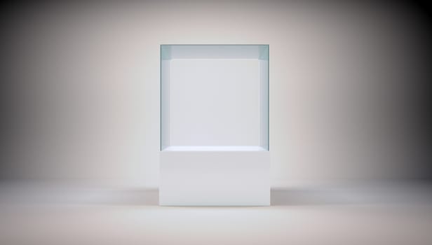 Glass cube on podium on abstract grey background. 3d render