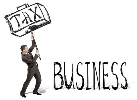 Taxes hit business. Businessman with drawn hammer. White background