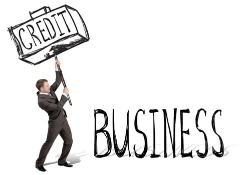 Credit hit business. Businessman with drawn hammer. White background