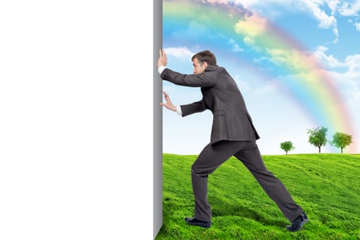Businessman changing emptyness on nature landscape with rainbow