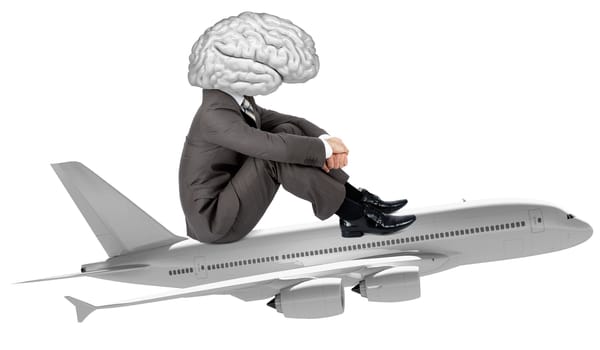 Businessman with brain instead head on plane isolated on white background