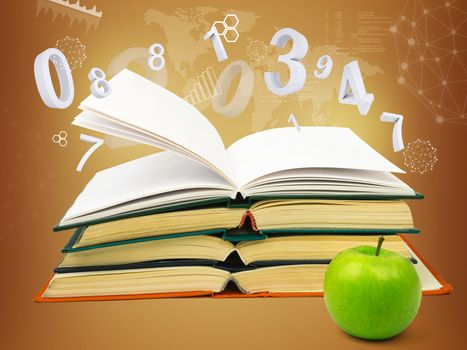 Books with green apple on abstract brown background with numbers