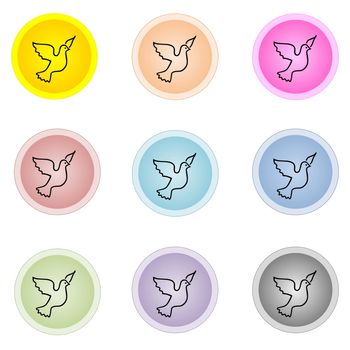 Set of nine colorful buttons with dove bird isolated in white background