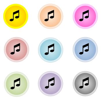 Set of nine colorful buttons with music notes isolated in white background