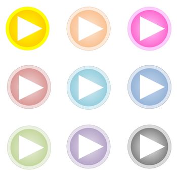 Set of nine colorful play buttons isolated in white background