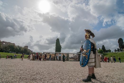 ITALY, Rome: A man dressed as ancient roman centurion is pictured during a ceremony to commemorate the legendary foundation of the eternal city in 753 B.C, in Rome on April 24, 2016. 