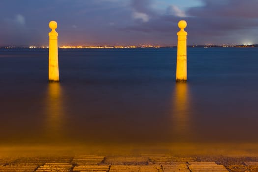 Columns Pier, Portuguese: Cais das Colunas, by the Tagus river in Lisbon, Portugal.