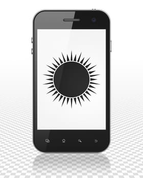 Vacation concept: Smartphone with black Sun icon on display, 3D rendering