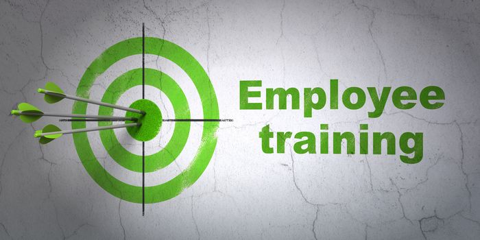 Success Education concept: arrows hitting the center of target, Green Employee Training on wall background, 3D rendering