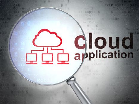 Cloud computing concept: magnifying optical glass with Cloud Network icon and Cloud Application word on digital background, 3D rendering