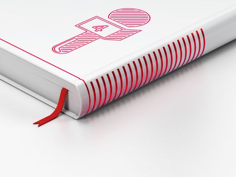 News concept: closed book with Red Microphone icon on floor, white background, 3D rendering