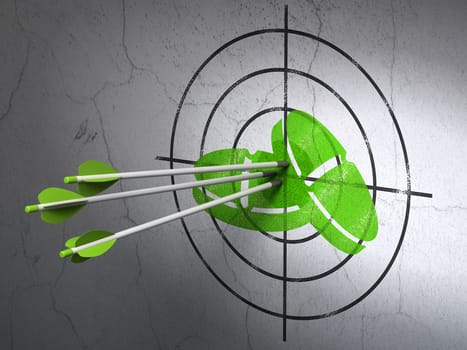 Success Medicine concept: arrows hitting the center of Green Pills target on wall background, 3D rendering