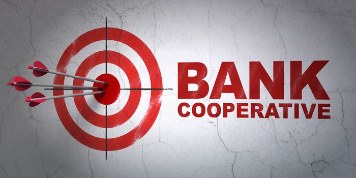 Success currency concept: arrows hitting the center of target, Red Bank Cooperative on wall background, 3D rendering