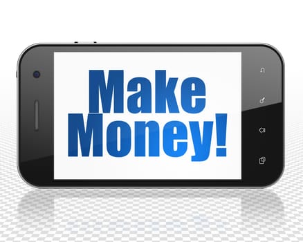 Finance concept: Smartphone with blue text Make Money! on display, 3D rendering