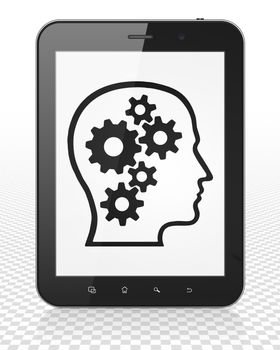 Business concept: Tablet Pc Computer with black Head With Gears icon on display, 3D rendering
