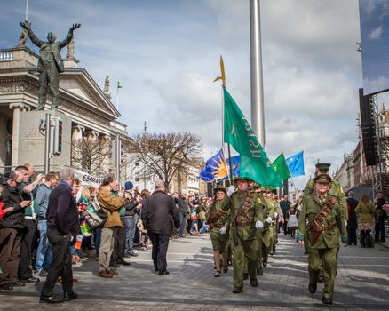 IRELAND, Dublin: Thousands demonstrate to commemorate the 100 year anniversary of the 1916 Easter Rising in front of the GPO General Post Office in central Dublin on April 24, 2016. Irish people has the opportunity to host a proper ceremony on behalf of all citizens that will pay proper tribute to the men and women of 1916 and to the Proclamation of the Irish Republic Thousand of people celebrate the big day in Ireland.