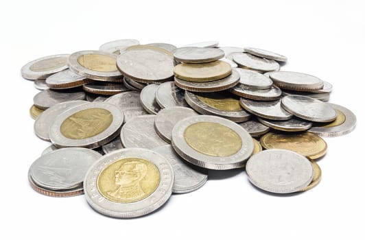 Stack of Thai coin on white background.