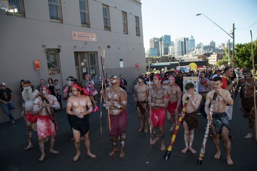 AUSTRALIA, Redfern: About 500 people gather at The Block in Redfern, Sydney, for the 10th Coloured Digger Anzac Day march on April 25, 2016 to honour their forebears who fought in the Battle of the Somme a century ago. In Redfern, this is the 10th year a Coloured digger march is organized to honour the role the Aboriginal and Torres Strait Islander service men and women play in the battle. 