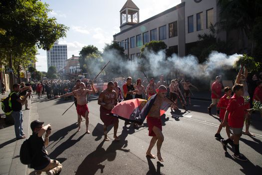 AUSTRALIA, Redfern: About 500 people gather at The Block in Redfern, Sydney, for the 10th Coloured Digger Anzac Day march on April 25, 2016 to honour their forebears who fought in the Battle of the Somme a century ago. In Redfern, this is the 10th year a Coloured digger march is organized to honour the role the Aboriginal and Torres Strait Islander service men and women play in the battle. 