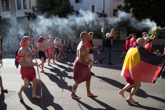 AUSTRALIA, Redfern: About 500 people gather at The Block in Redfern, Sydney, for the 10th Coloured Digger Anzac Day march on April 25, 2016 to honour their forebears who fought in the Battle of the Somme a century ago. In Redfern, this is the 10th year a Coloured digger march is organized to honour the role the Aboriginal and Torres Strait Islander service men and women play in the battle. 