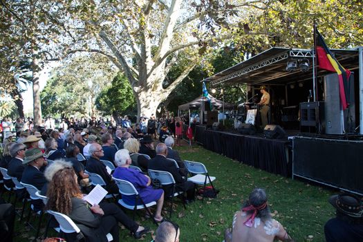 AUSTRALIA, Redfern: About 500 people gather at The Block in Redfern, Sydney, for the 10th Coloured Digger Anzac Day march on April 25, 2016 to honour their forebears who fought in the Battle of the Somme a century ago. In Redfern, this is the 10th year a Coloured digger march is organized to honour the role the Aboriginal and Torres Strait Islander service men and women play in the battle. 